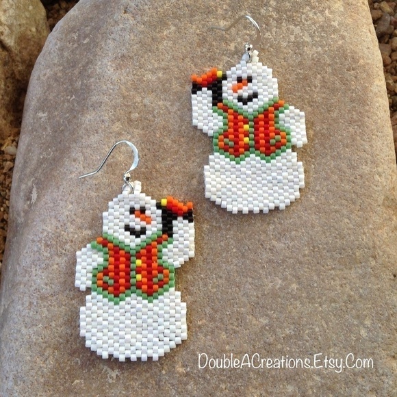 Snowman Holding a Bird Beaded Earrings, New, Handmade by Me - Picture 2 of 4